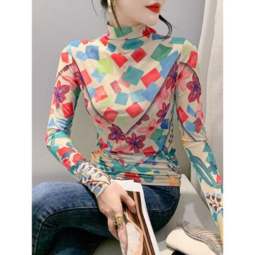 歐洲站秋冬新款半高領網紗打底衫撞色印花t恤女長袖修身百搭上衣