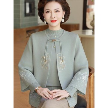 新中式新款媽媽秋裝針織開衫外套中老年女裝洋氣毛衣兩件套裝上衣