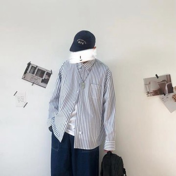 RICHMAN春秋藍白條紋襯衫男潮長袖港風日系襯衫男ins潮男寬松百搭