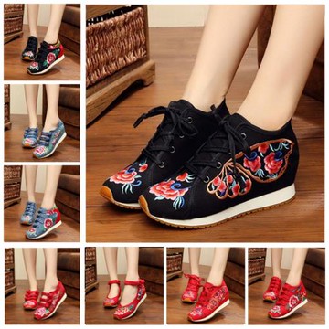 2025春女鞋老北京布鞋女繡花鞋民族風旅游休閑鞋系帶內增高鞋漢服