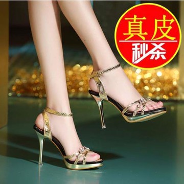 真皮涼鞋女夏2025新款百搭仙女風防水臺水鉆性感夜店細跟超高跟鞋