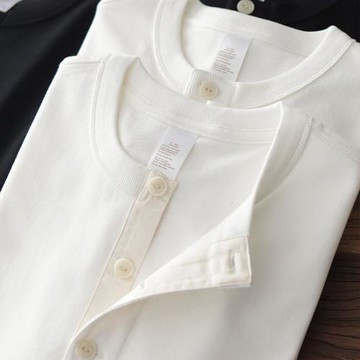 300G粗紗重磅亨利衫阿美咔嘰美式復古寬松白色休閑純棉長袖T恤男