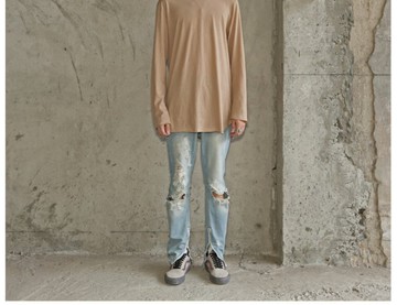 FINDSENSE品牌  韓國紅人同款高街個性拉鏈破洞乞丐男牛仔褲