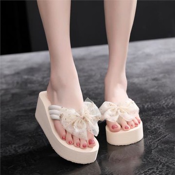 蝴蝶結涼拖鞋女夏2025新款坡跟厚底時尚百搭一字拖防滑外穿沙灘鞋