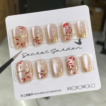 🎀台灣出貨🎀 穿戴甲 秋冬季穿戴甲半手工國風金色竹子花貓眼鎏金高級可拆卸顯白美拉德