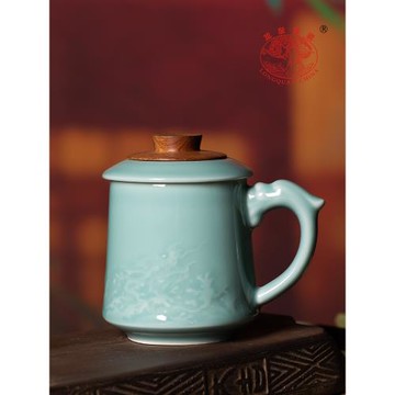 (免運)龍泉青瓷馬克杯帶蓋陶瓷杯喝水杯辦公室大容量家用泡茶杯子帶手柄