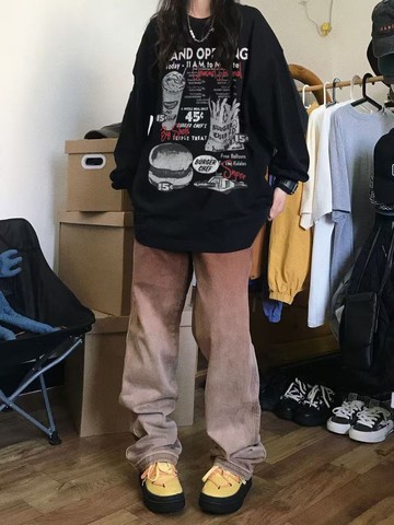 美式複古 趣味漢堡長袖T恤女季春秋國潮牌慵懶風寬鬆純棉打底 女生上衣 大學t 男生長袖 圓領