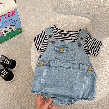 【四口甜】台灣現貨春夏新款 男女寶 幼兒簡約條紋t shirt 牛仔吊帶褲