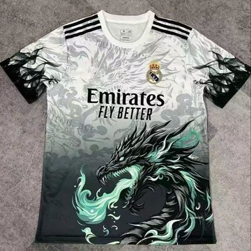 皇馬球衣25特別版新款足球透氣訓練T恤龍紋運動印花速幹短袖 龍紋印花設計 足球訓練服 透氣休閒運動服 速乾清涼足球衣