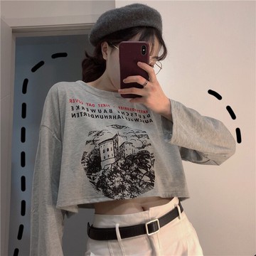 ins超火長袖T恤女寬松潮bf慵懶風學生蹦迪嘻哈短款上衣服