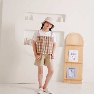 清新知性女孩綠格紋假兩件棉質短袖上衣 春夏童裝 女童上衣 女童短袖 女童棉T 女童T恤 短袖上衣