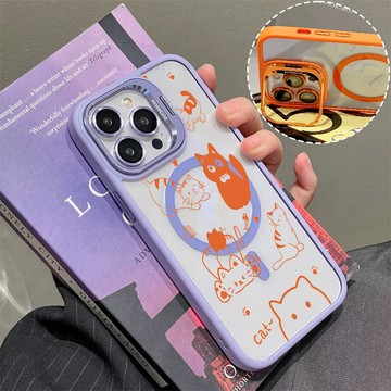 橙色小貓 磁吸手機殼 金屬鏡頭支架 保護殼 適用於iPhone 17 16 15 14 13 12 11 Max防摔殼