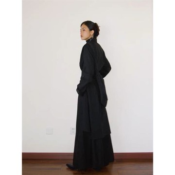 暗黑風衣開衩束腰連衣裙2024春秋款設計感先鋒長款襯衫裙