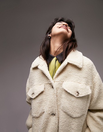 Topshop oversized borg western jacket in cream-Neutral
