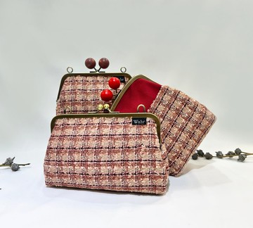 大紅緞帶格子 豆豆口金包 方型口金包 手拿包 手機包 肩背包 隨身