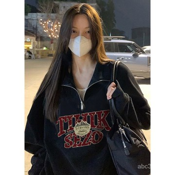 免運 polo領 衛衣女 春秋新款 hiphop 小眾 寬鬆 設計感 半拉鍊上衣 長袖衛衣 大學T