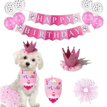 [24時熱賣]寵物生日服飾 跨境寵物生日皇冠帽口水巾紗裙粉色套裝女狗生日派對裝扮服飾用品 5INZ