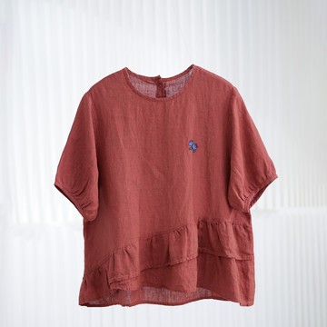 日系文藝小花刺繡亞麻上衣136749