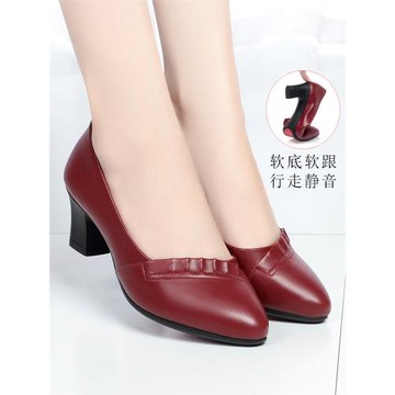 軟底中老年紅色媽媽鞋單鞋喜婆婆鞋婚宴高跟粗跟女士皮鞋女鞋春秋