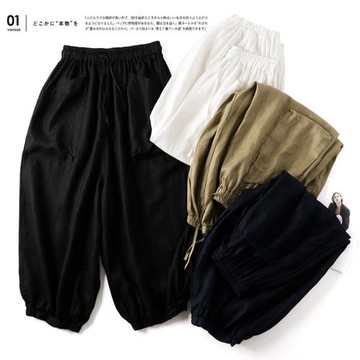 凜美日系2022夏季新款松緊抽繩收腰大口袋純亞麻燈籠褲清涼女長褲