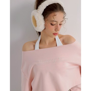 AIR SPACE 繞頸背心一字領珍珠貼字長袖短版上衣套裝(附胸墊)(粉紅/深灰) 女裝 現貨