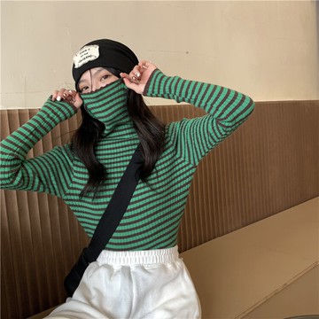 配大衣的內搭條紋毛衣2021年新款女ins潮爆款緊身打底高領針織衫