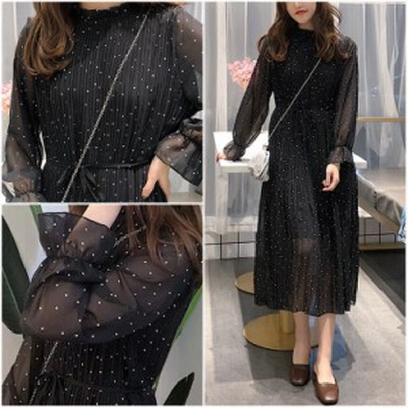 ワンピース 春 レディース ロング丈 黒 シフォン 旅行 ドット柄ワンピ おしゃれ スカート 着痩 ドット柄 プリーツ 黒ワンピ クラシカル 通販 Lineポイント最大1 0 Get Lineショッピング