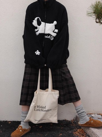 odd maker軟糯糯的趣味小狗貼布繡圖案短外套仿女羊羔毛撞色上衣