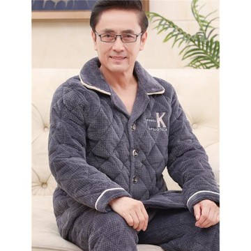 中老年爸爸男士睡衣冬季夾棉珊瑚絨三層加厚加絨保暖家居服新款
