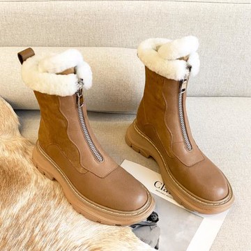 加厚前拉鏈馬丁靴女2024冬季真皮雪地靴大棉短靴厚底松糕羊毛毛靴
