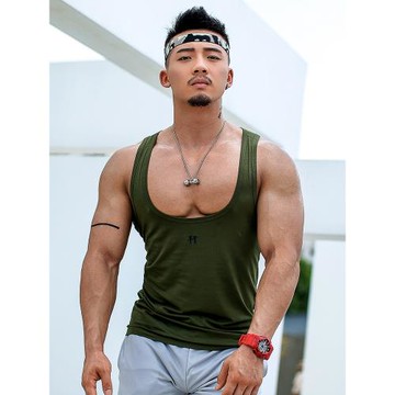 輝先生低胸U領背心男士冰絲棉無袖t恤男運動健身肌肉潮高彈力透氣