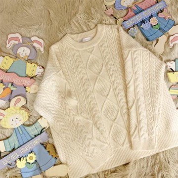 安哥拉北極絨 復古麻花 奶油色 奶白色 古著感 針織毛衣 K