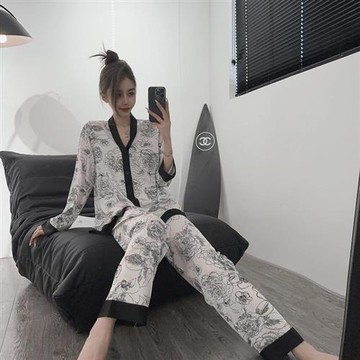 【巴黎精品】睡衣套裝長袖休閒服-冰絲印花V領涼爽女居家服a1at19