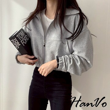 【HanVo】純色慵懶風POLO領短版外套 韓系簡約百搭寬鬆外套 韓國女裝 女生衣著 A07-4013