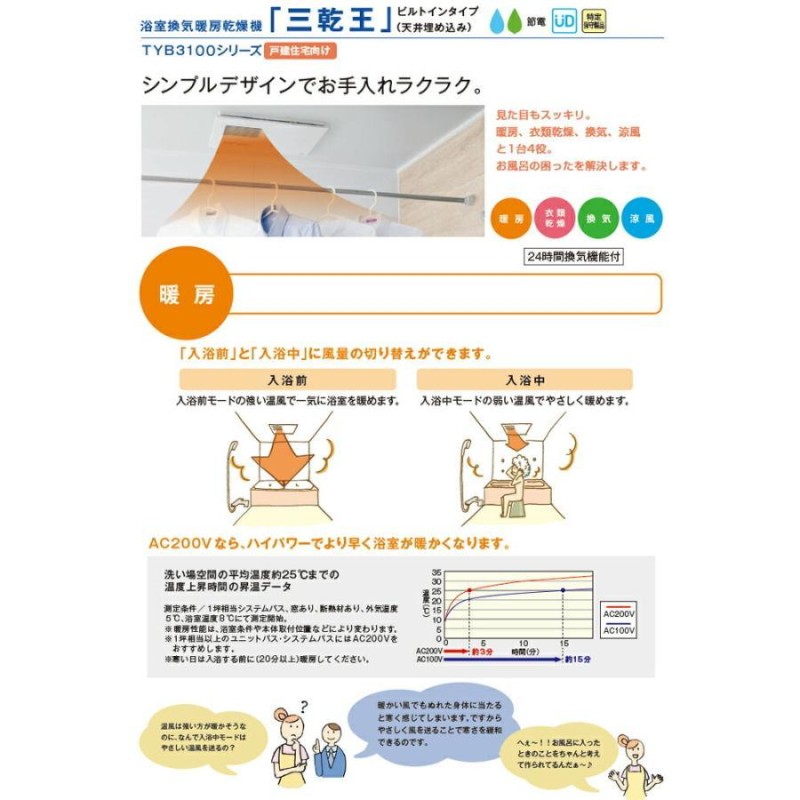 TOTO 浴室換気暖房乾燥機 三乾王 TYB3112GAN 2室換気タイプ100V | LINEブランドカタログ