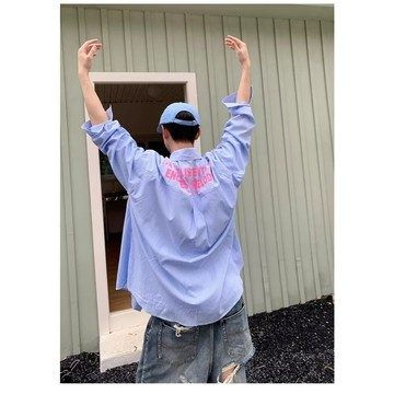 襯衫男 條紋襯衫男 美式條紋印花長袖襯衫男 情侶襯衫男女 寬松慵懶風襯衫 外套 上衣 長袖襯衫 藍色條紋襯衫 男装