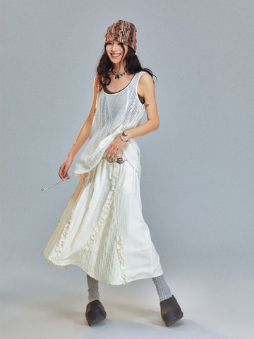 unnone item微皺肌理面料拼接蕾絲花邊半身裙女春夏