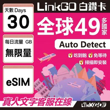 LINKGO白鑽卡 全球49國 eSIM卡 30天上網卡 無限流量吃到飽不降速(全球網卡 亞洲 歐洲 美洲 大洋洲 非洲)