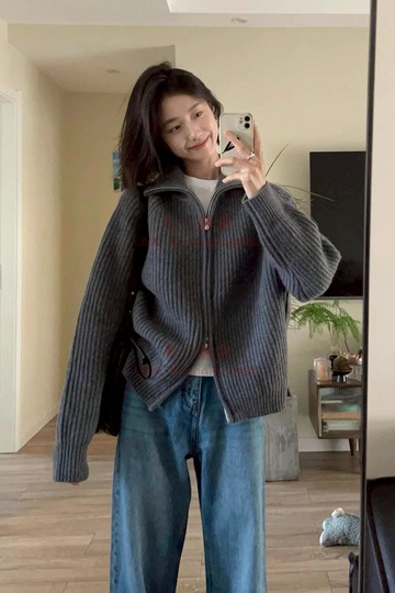 外套 復古灰色翻領針織毛衣開衫 女秋冬季寬松慵懶風外穿雙拉鏈高領【不二雜貨】