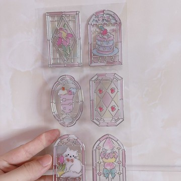 甜品限定 日本 Q-lia限量玻璃花窗透明貼紙燙金立體手賬拼貼素材
