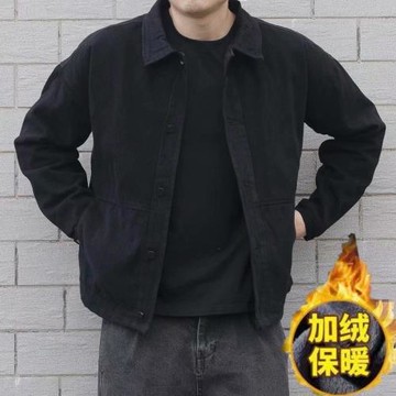 秋冬牛仔外套男工作耐磨耐穿加絨加厚黑色潮流帥氣寬松工裝夾克男