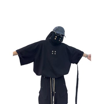 ASTT飄帶先鋒鉚釘重磅平紋針織寬松水洗卷邊廓形五分半袖T恤打底