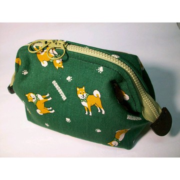 袋物系列-日本布料柴犬綠-雙頭拉鍊筆袋-拉鍊款筆袋-支架口金包