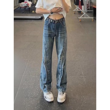 韓版復古做舊直筒牛仔褲男新款潮流百搭垂墜感休閒高腰長褲男