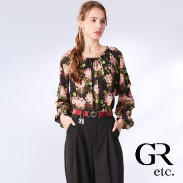 【GLORY21】網路獨賣款-etc.繽紛花卉澎袖造型上衣-黑色