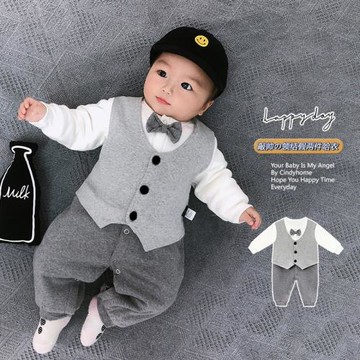 英倫風洋氣紳士寶寶哈衣春秋季衣服秋冬裝領結百日滿月嬰兒連體衣