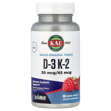KAL, D-3，K-2，樹莓味，60 片微型片劑