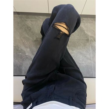 破洞天絲牛仔闊腿褲女秋季薄款新款大碼胖mm高腰冰絲拖地直筒褲子