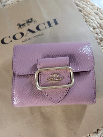 COACH 防刮荔枝紋金屬釦飾零錢袋短夾-粉塵玫瑰