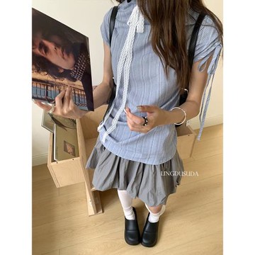 零度蘇打 條紋顯瘦抽繩綁帶襯衫小眾松緊腰綁帶花苞甜酷燈籠短裙